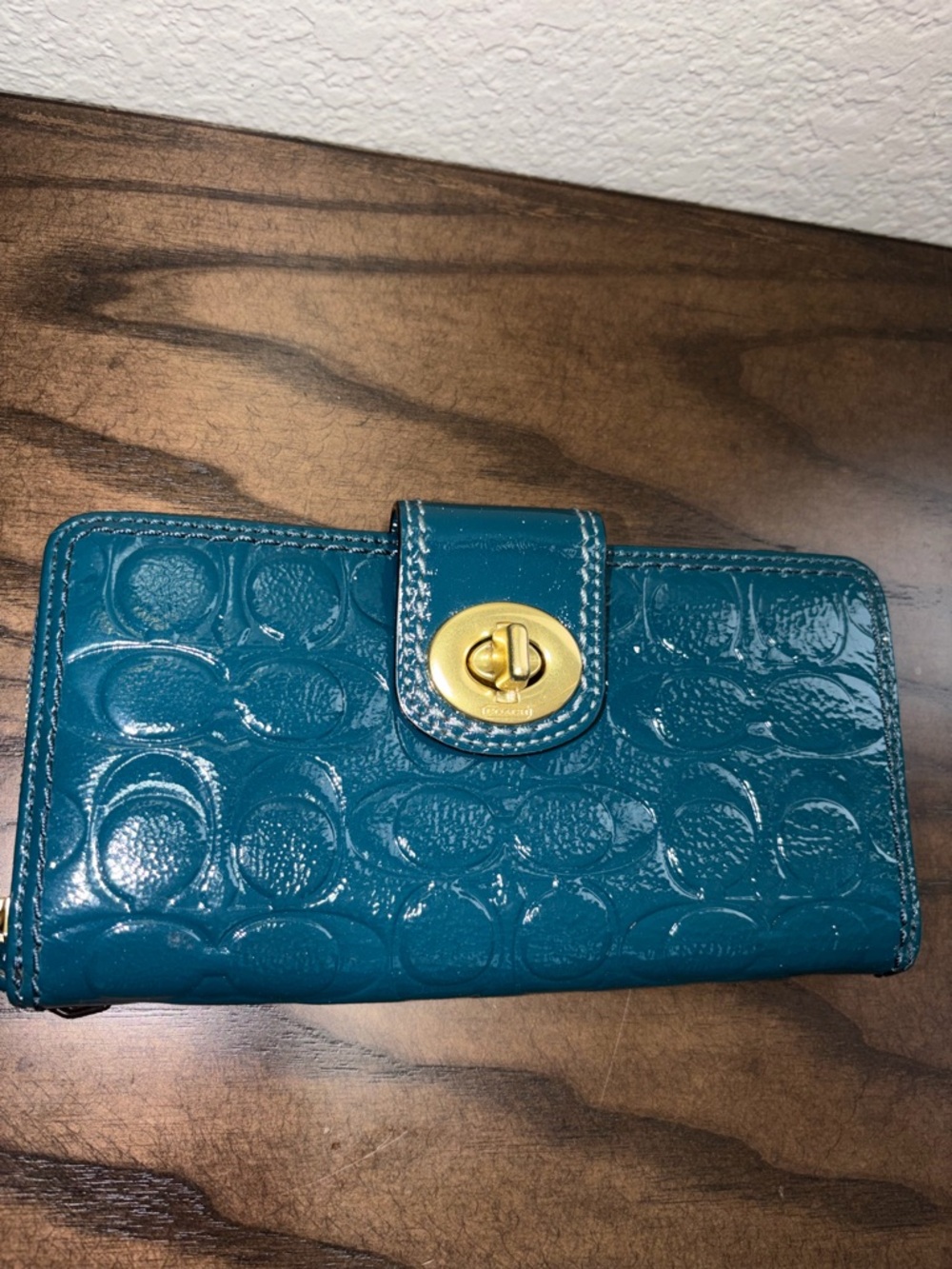 Coach Teal Patent Signature Continental Wallet with Gold Turnlock